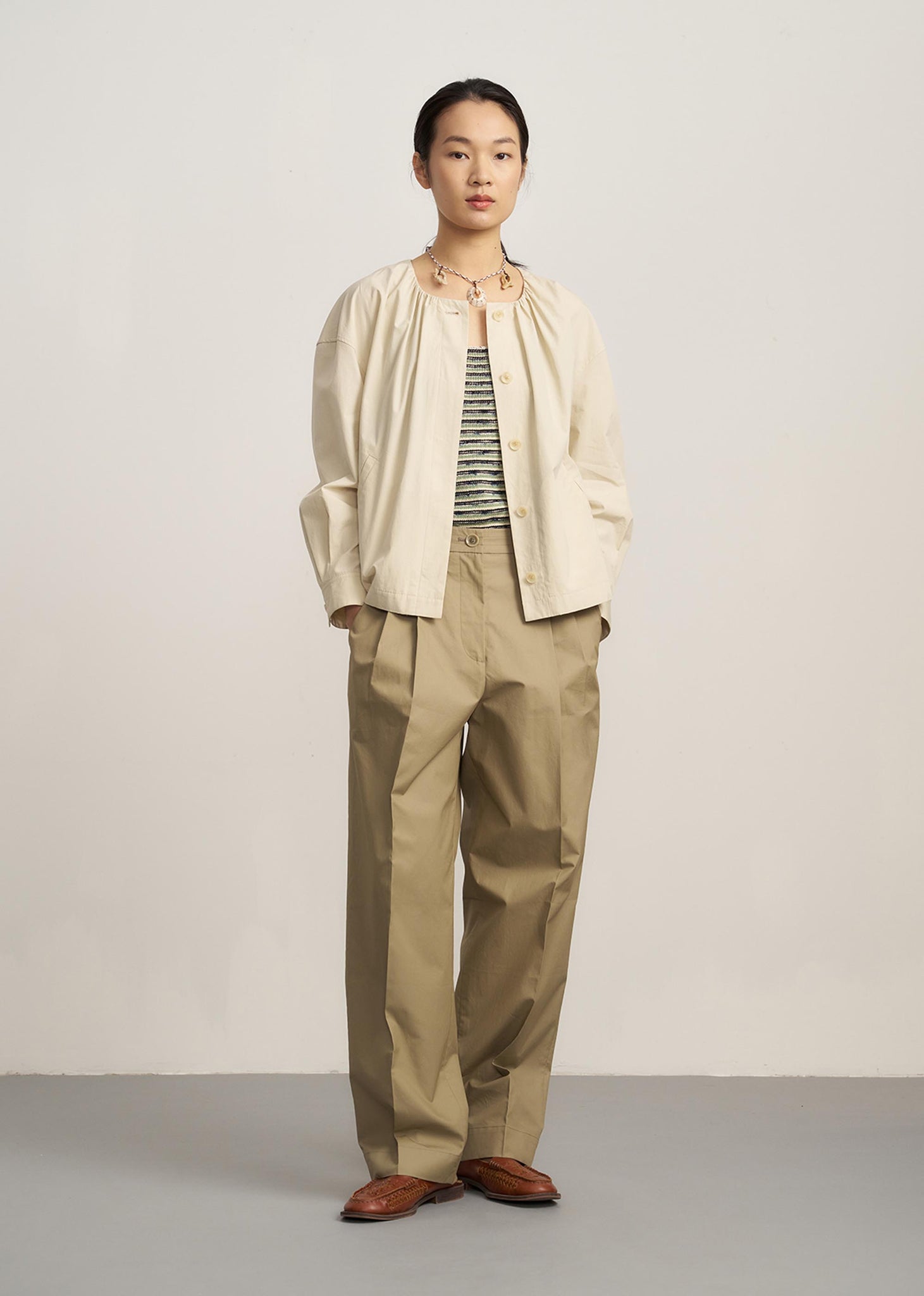 Beige Shirred Collar Jacket