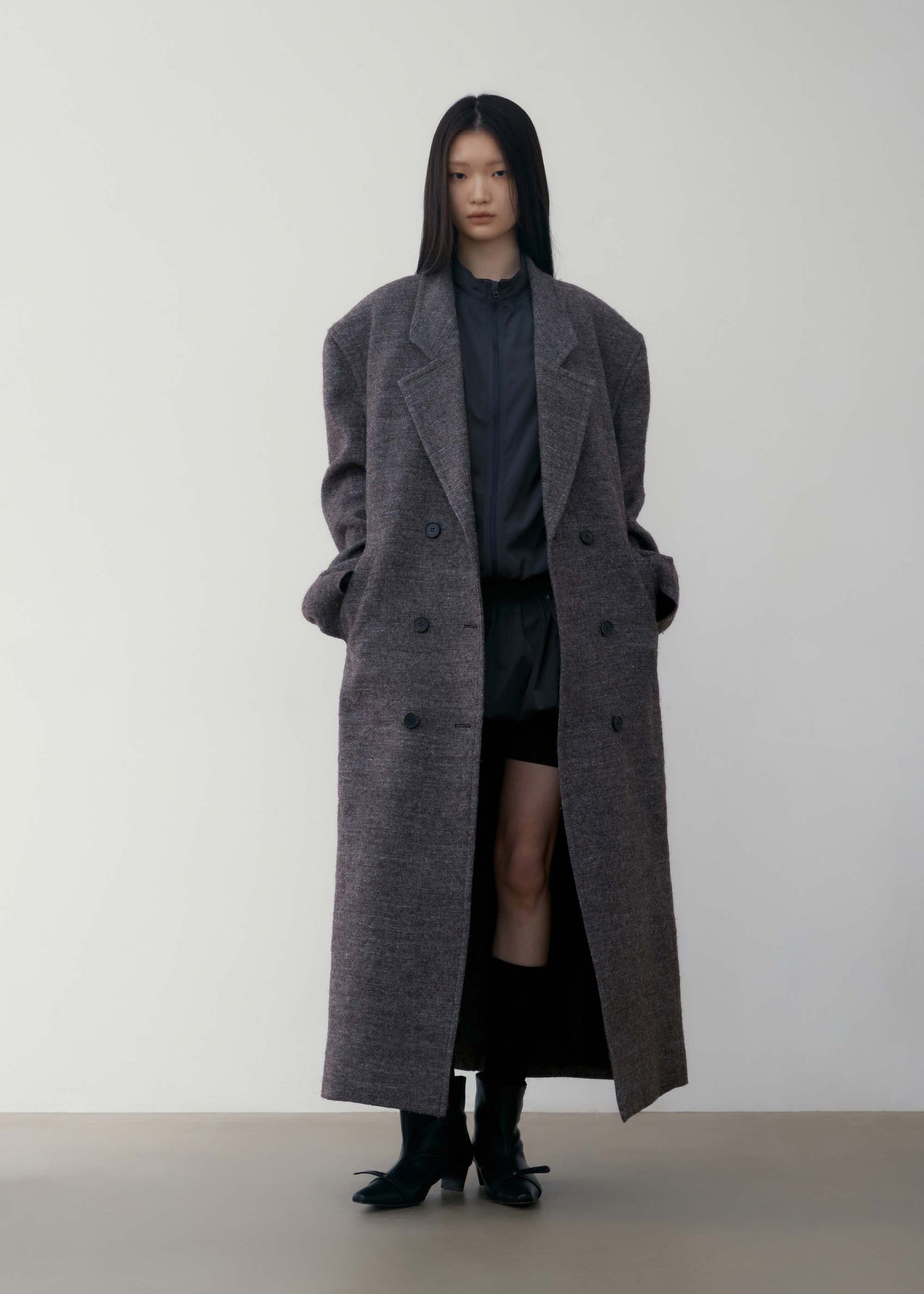 Grey Melange Oversized Wool Coat