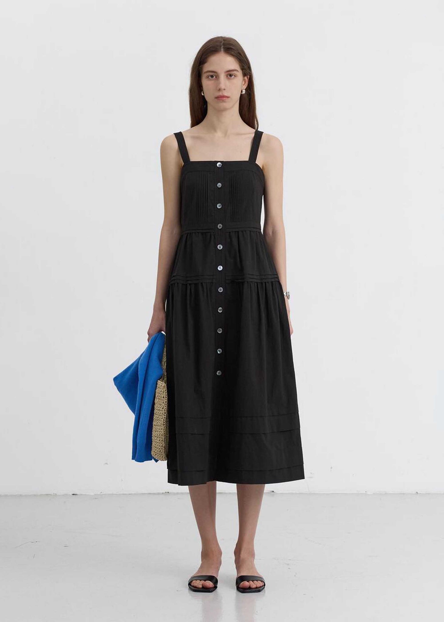 Black Square-Neck Buttoned Midi Dress