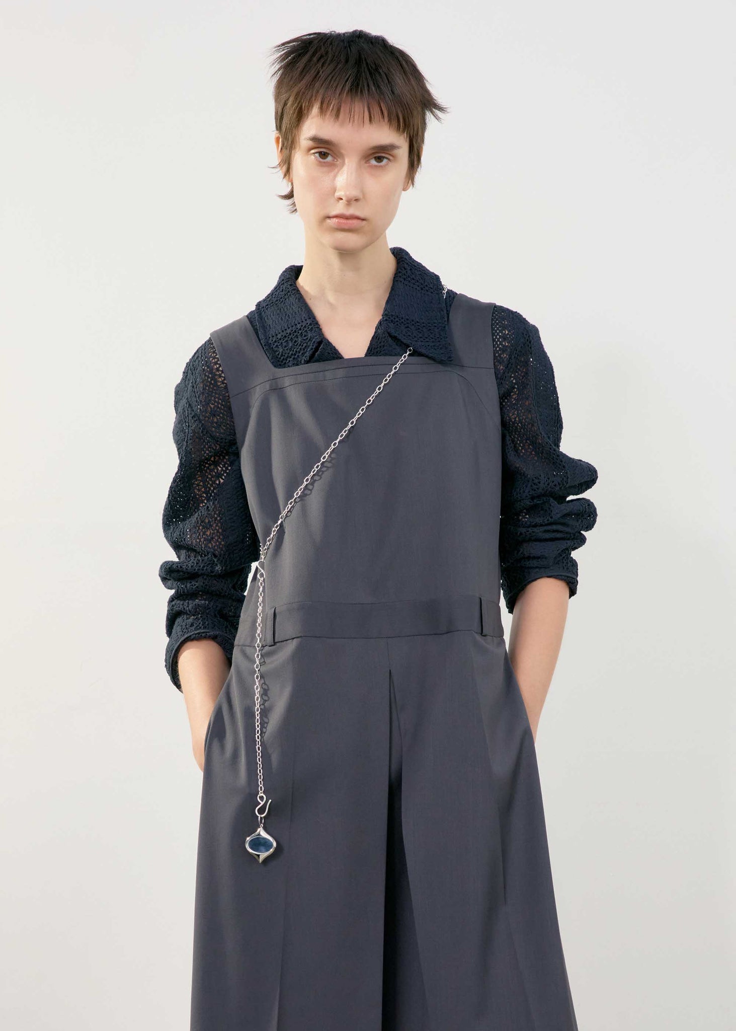 Charcoal Pleated Midi Apron Dress