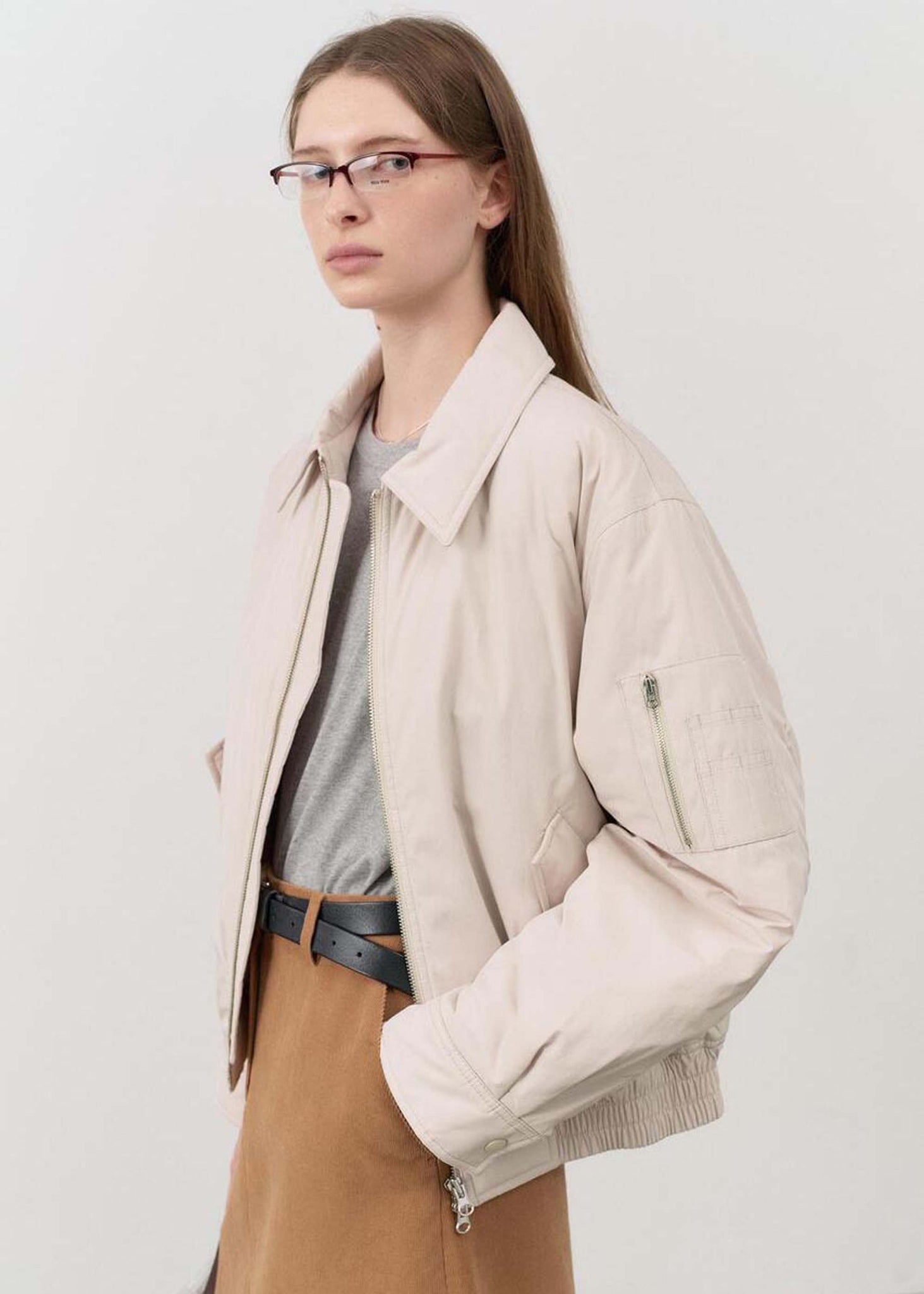 Beige Puffed Bomber Jacket