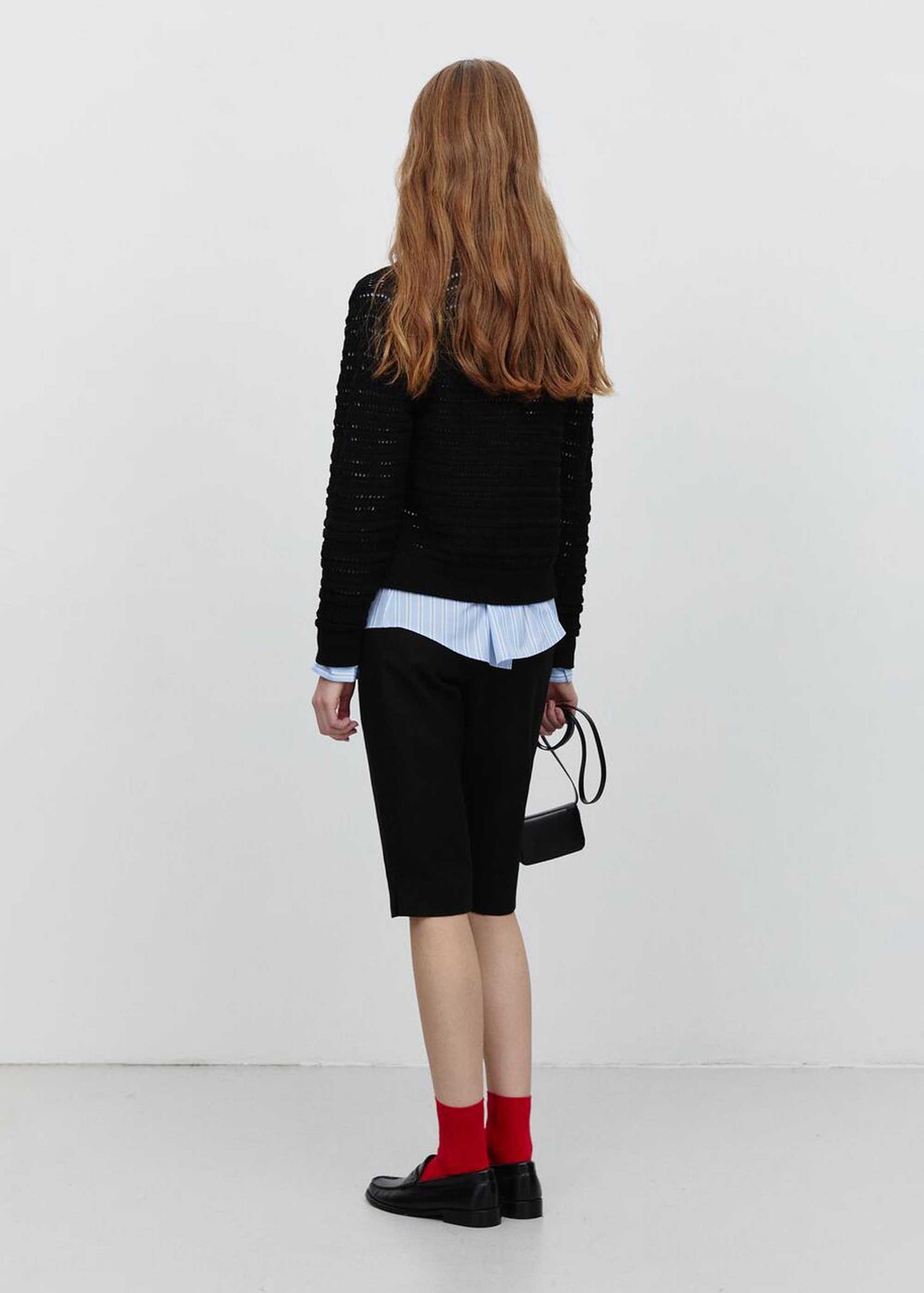 Black Open-Knit Collared Cardigan
