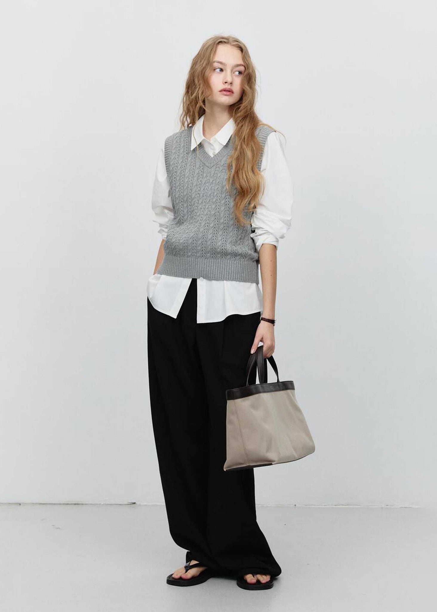 Grey Crochet-Knit V-Neck Vest