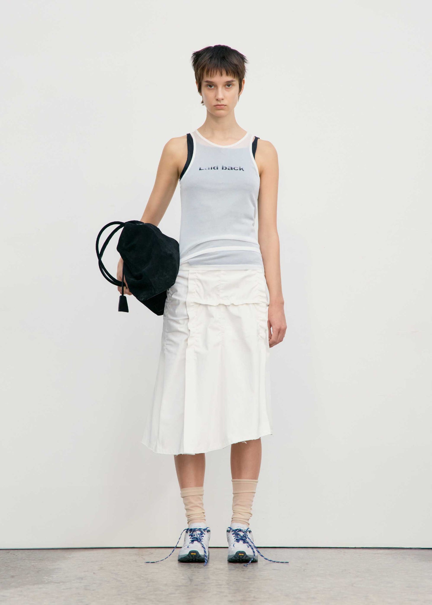 White Asymmetric Wrinkle Midi Skirt