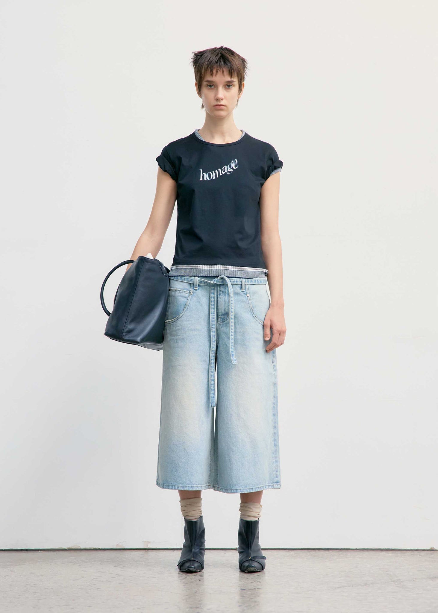 Light Blue Belted Denim Bermuda Shorts