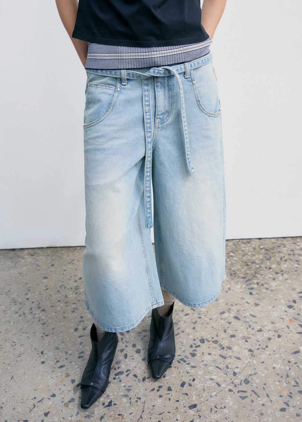 Light Blue Belted Denim Bermuda Shorts