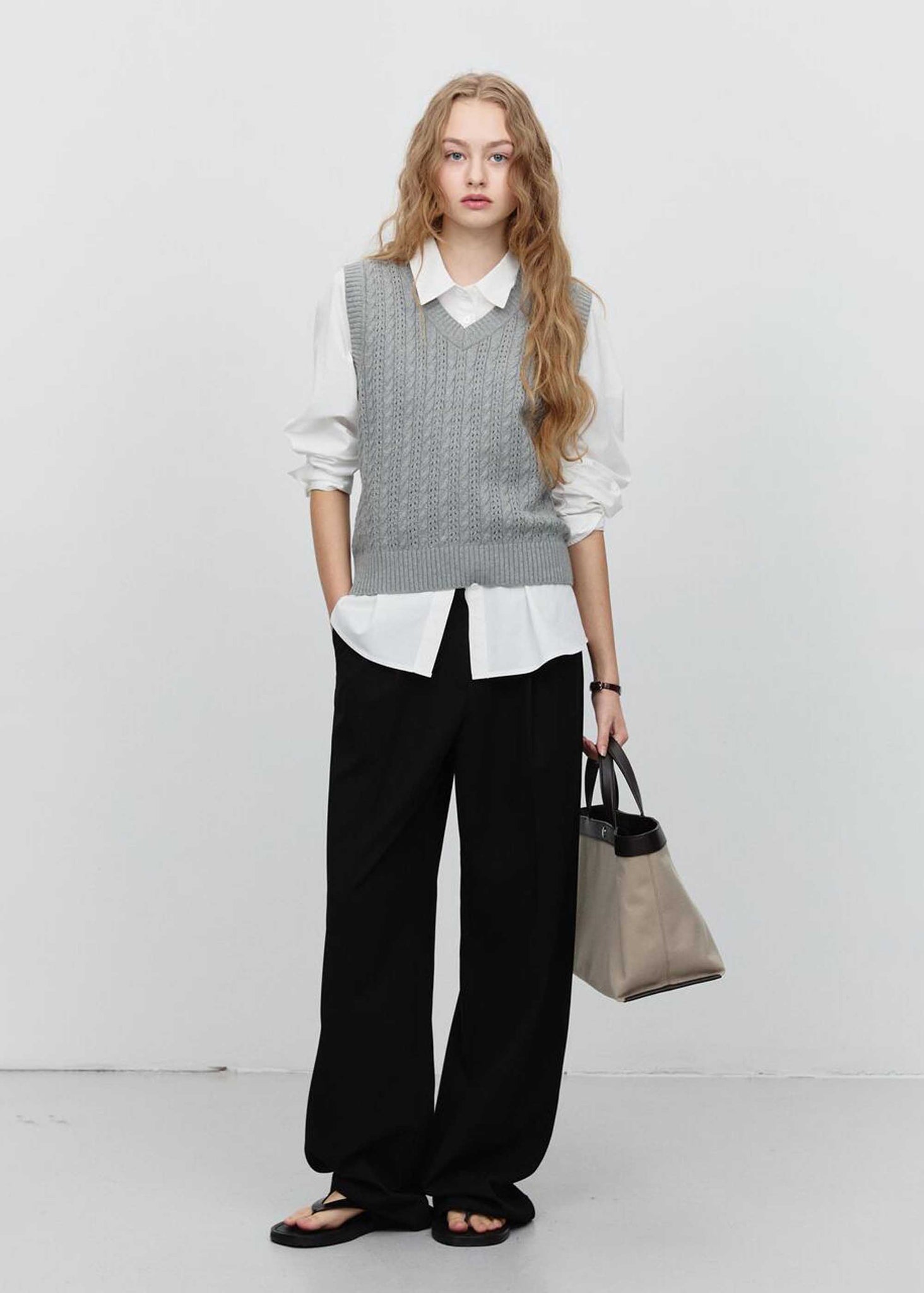 Grey Crochet-Knit V-Neck Vest