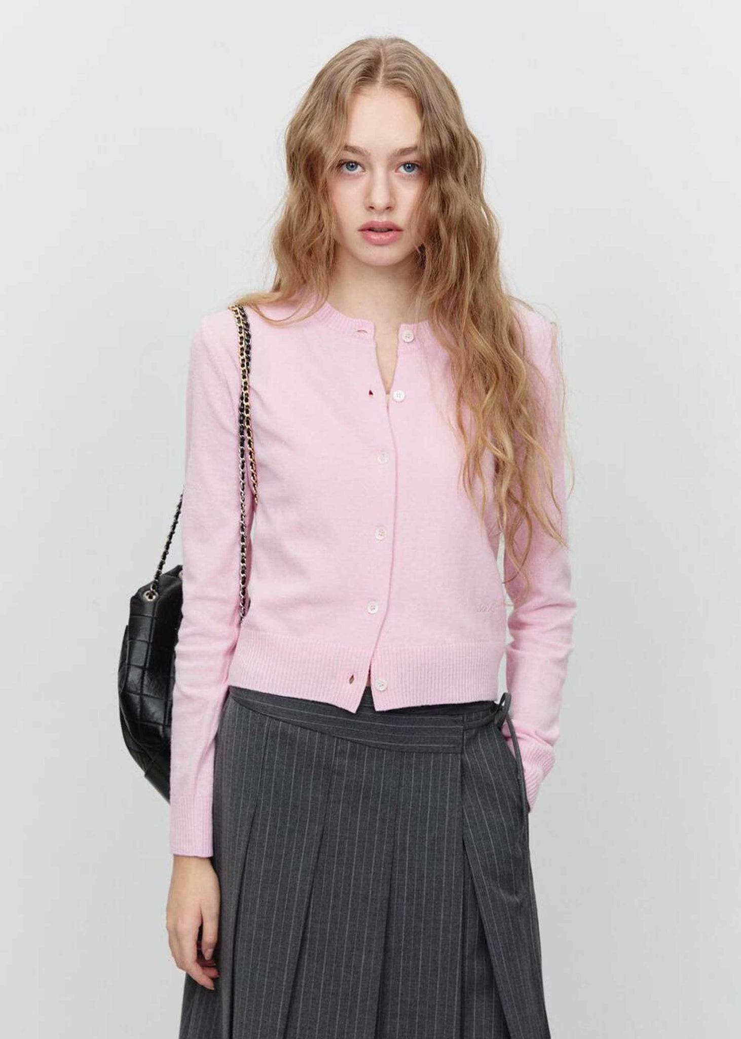 Pink Round-Neck Wool Cardigan