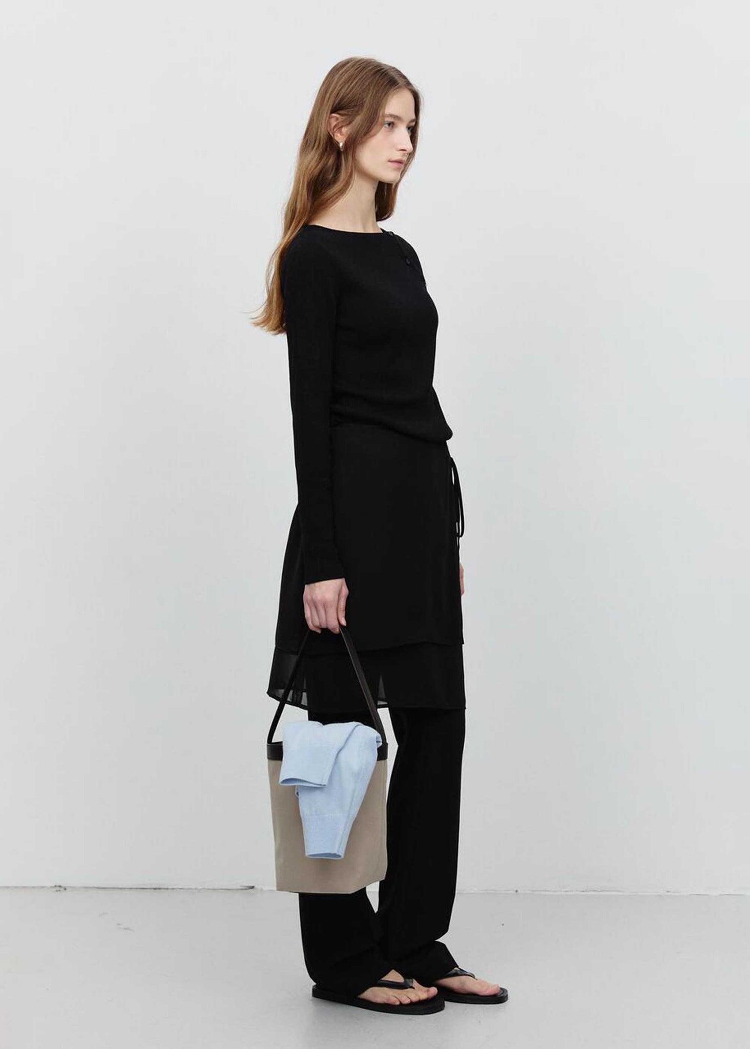 Black Asymmetric Buttoned Knit Top