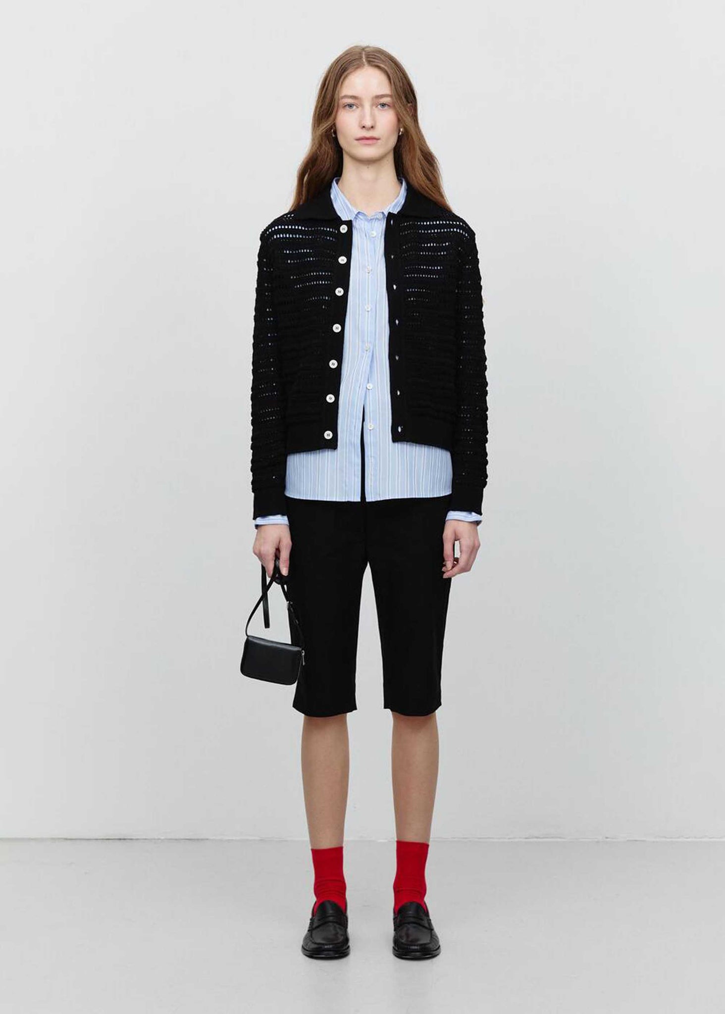 Black Open-Knit Collared Cardigan