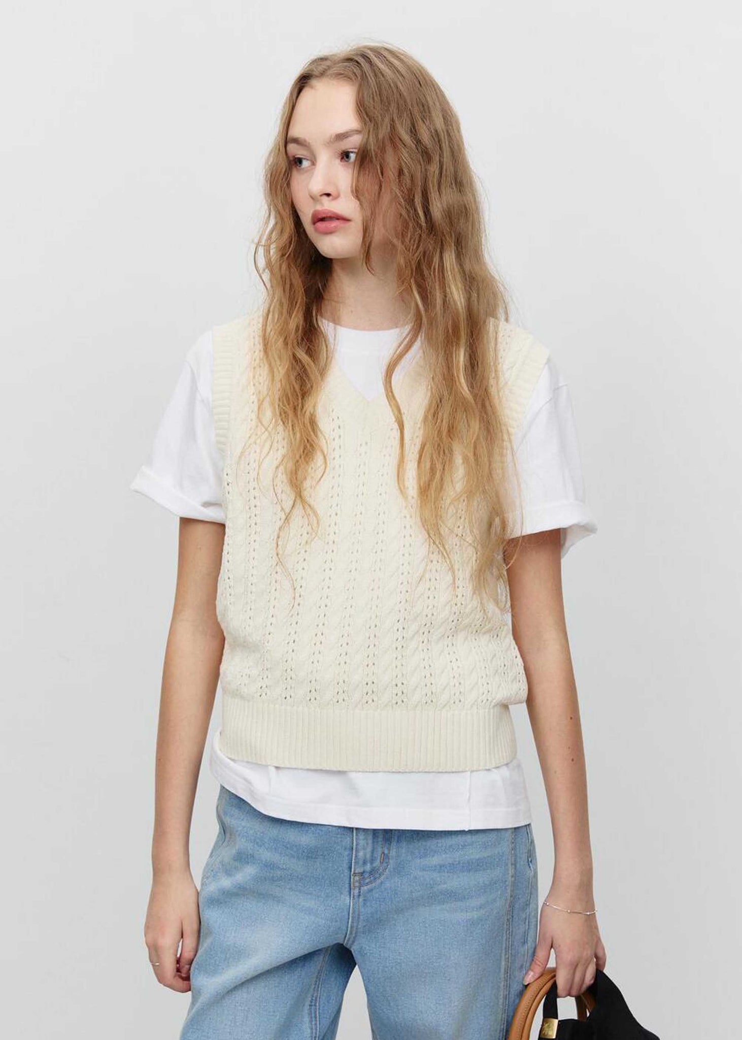 Beige Crochet-Knit V-Neck Vest