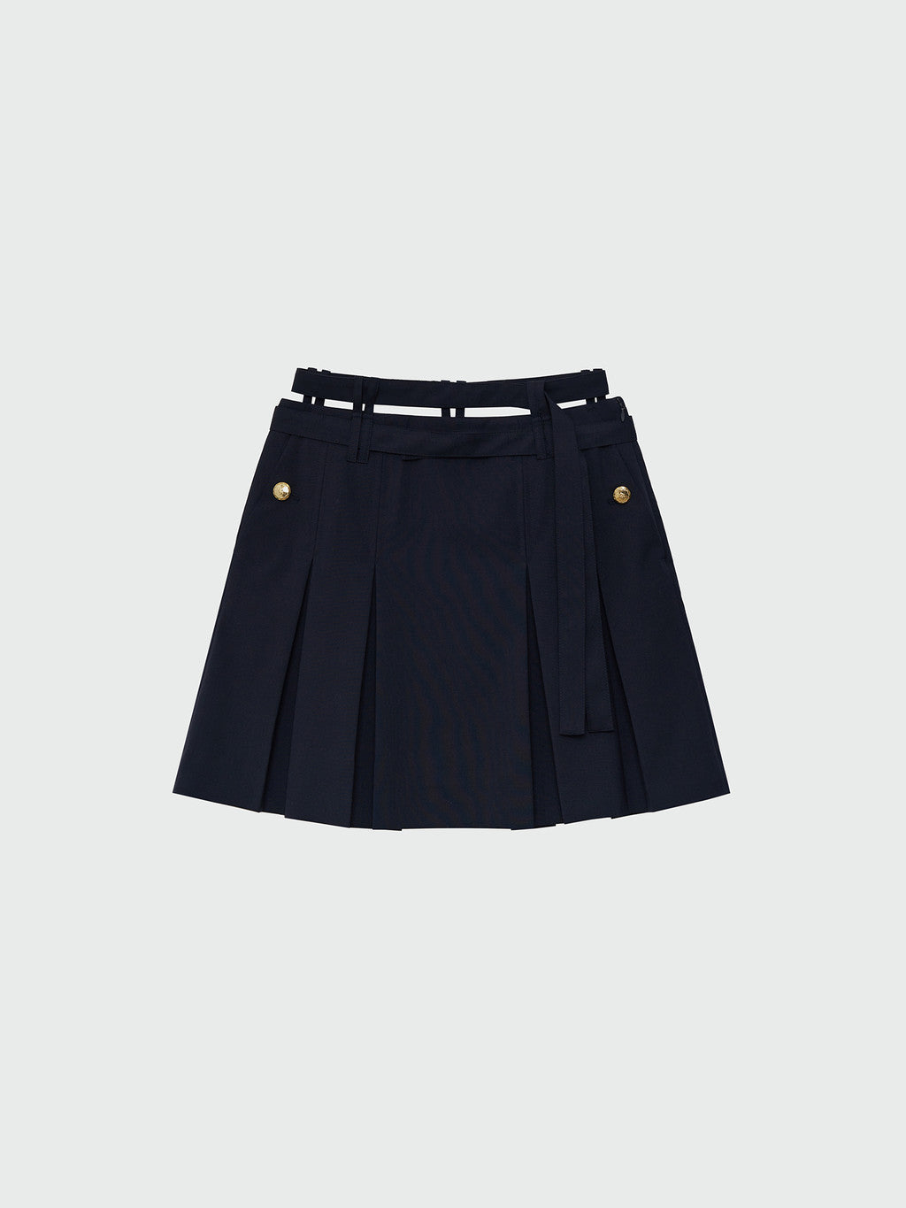 Navy Double Belted Pleated Mini Skirt