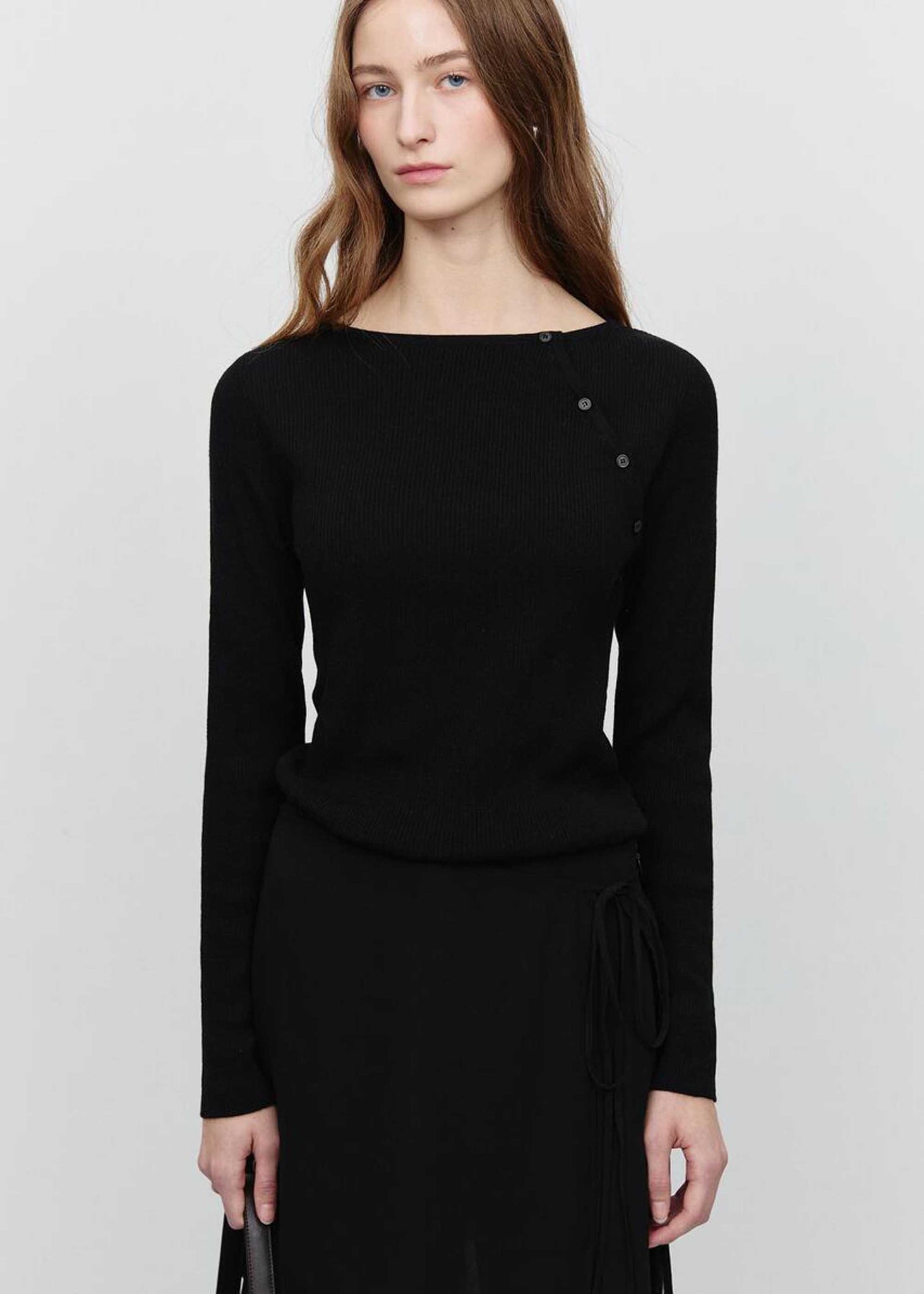 Black Asymmetric Buttoned Knit Top