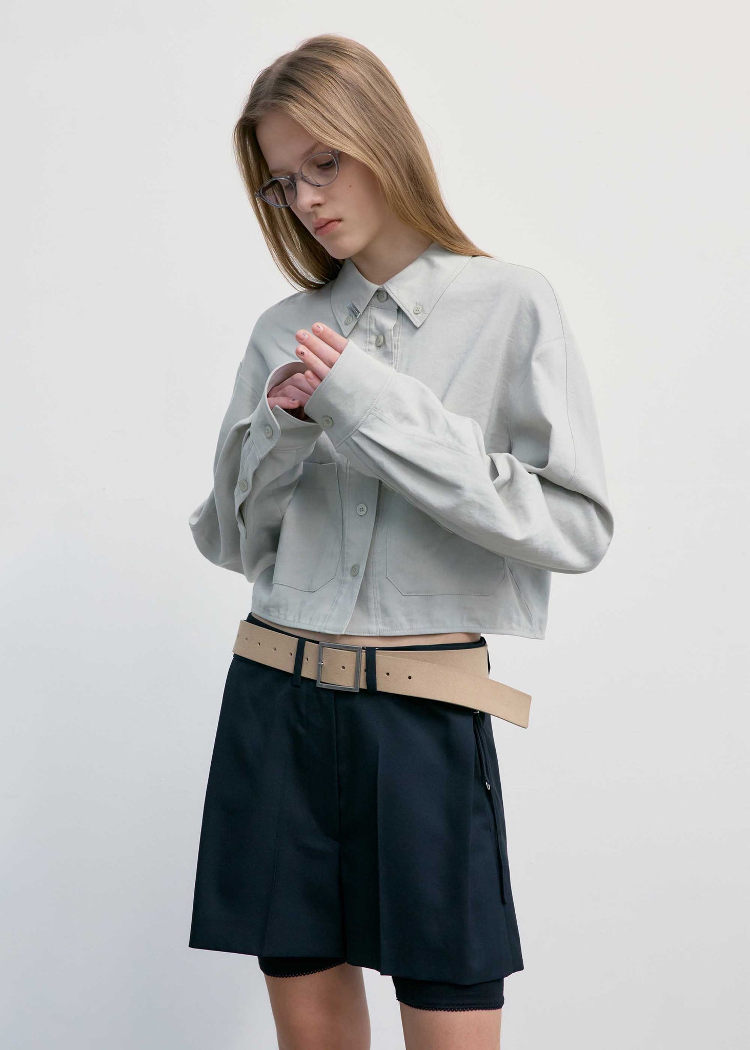 Khaki Cropped Pocket Button Down Shirt