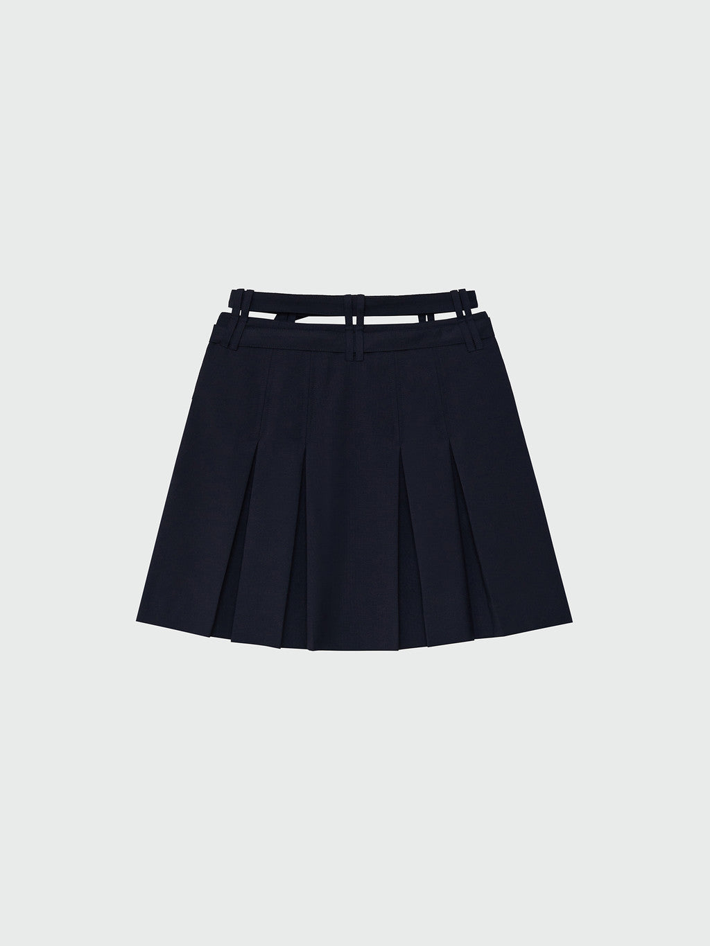 Navy Double Belted Pleated Mini Skirt