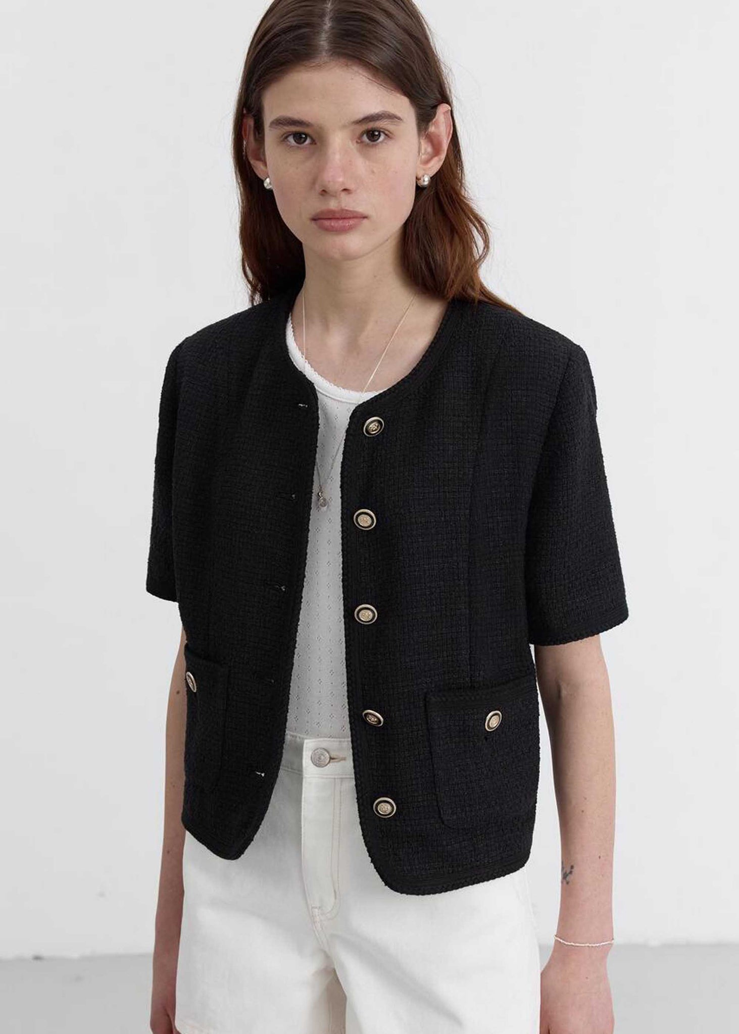 Black Shortsleeve Tweed Jacket