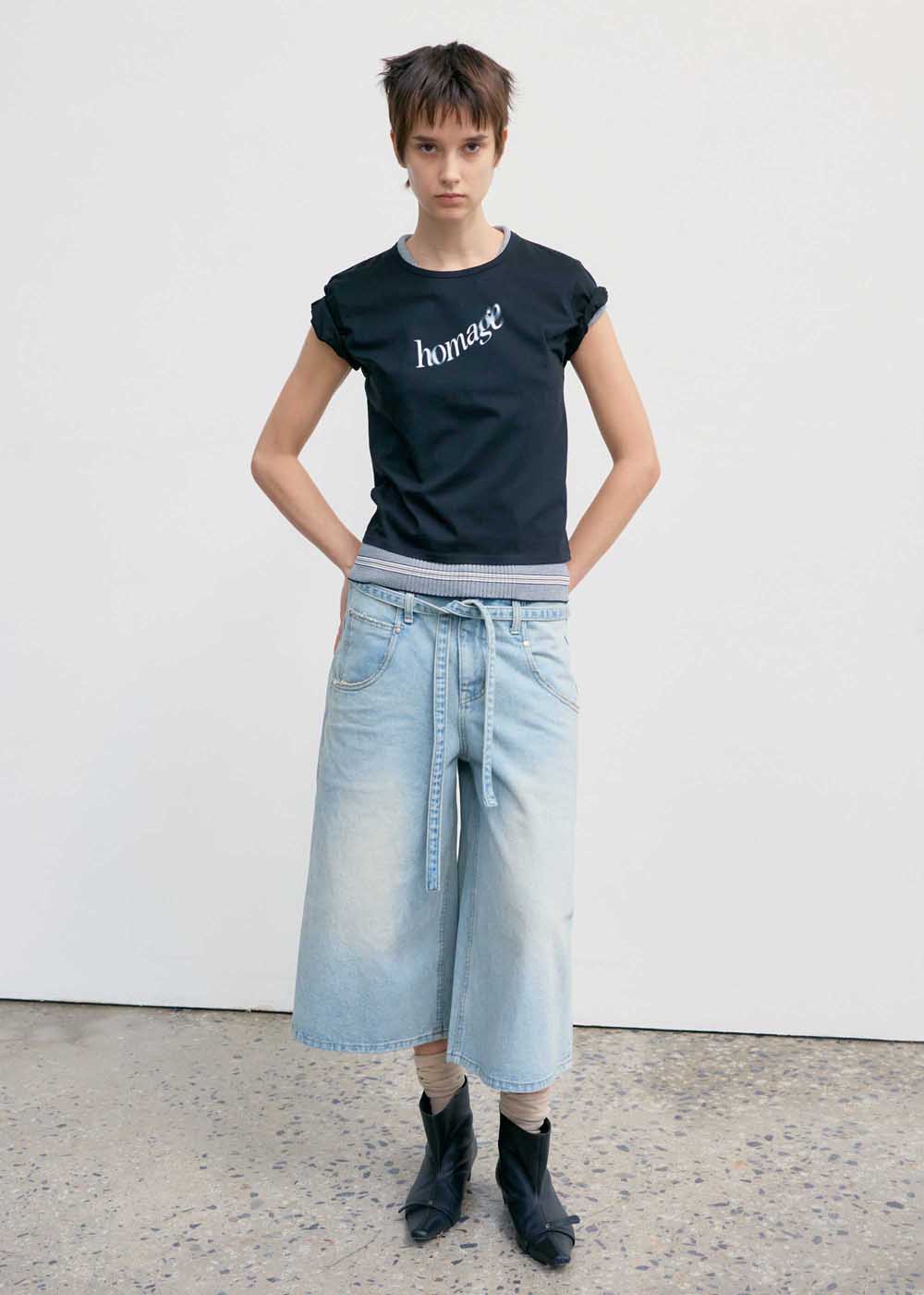 Light Blue Belted Denim Bermuda Shorts