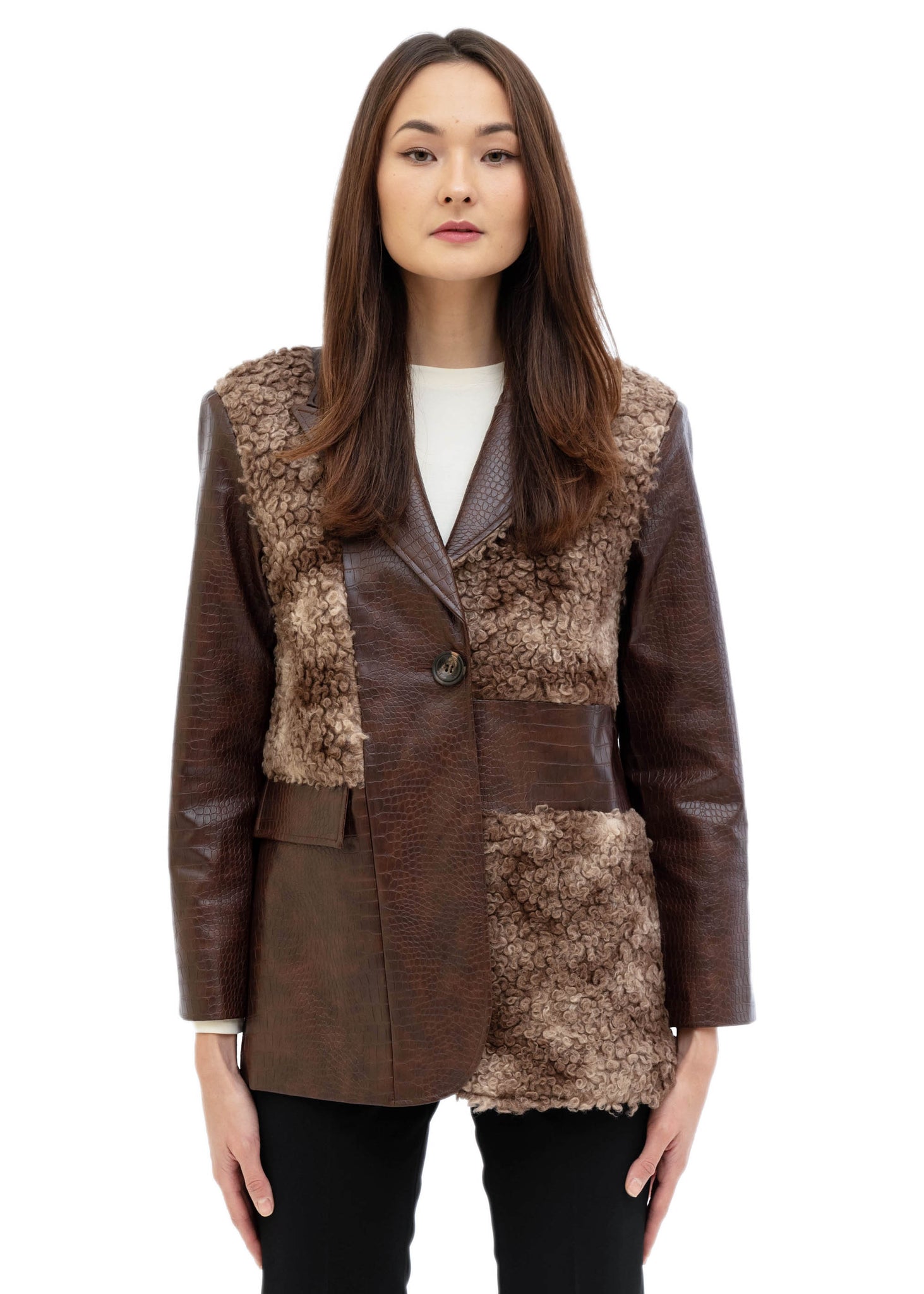 Brown Patched Vegan Leather Coat - 157Moments