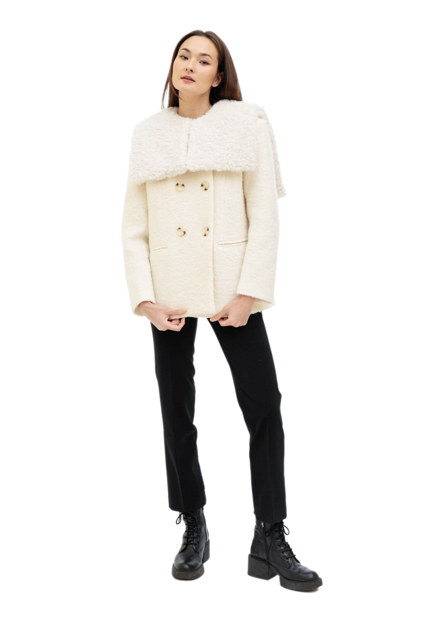 White Detachable Shearling Collar Short Coat - 157Moments