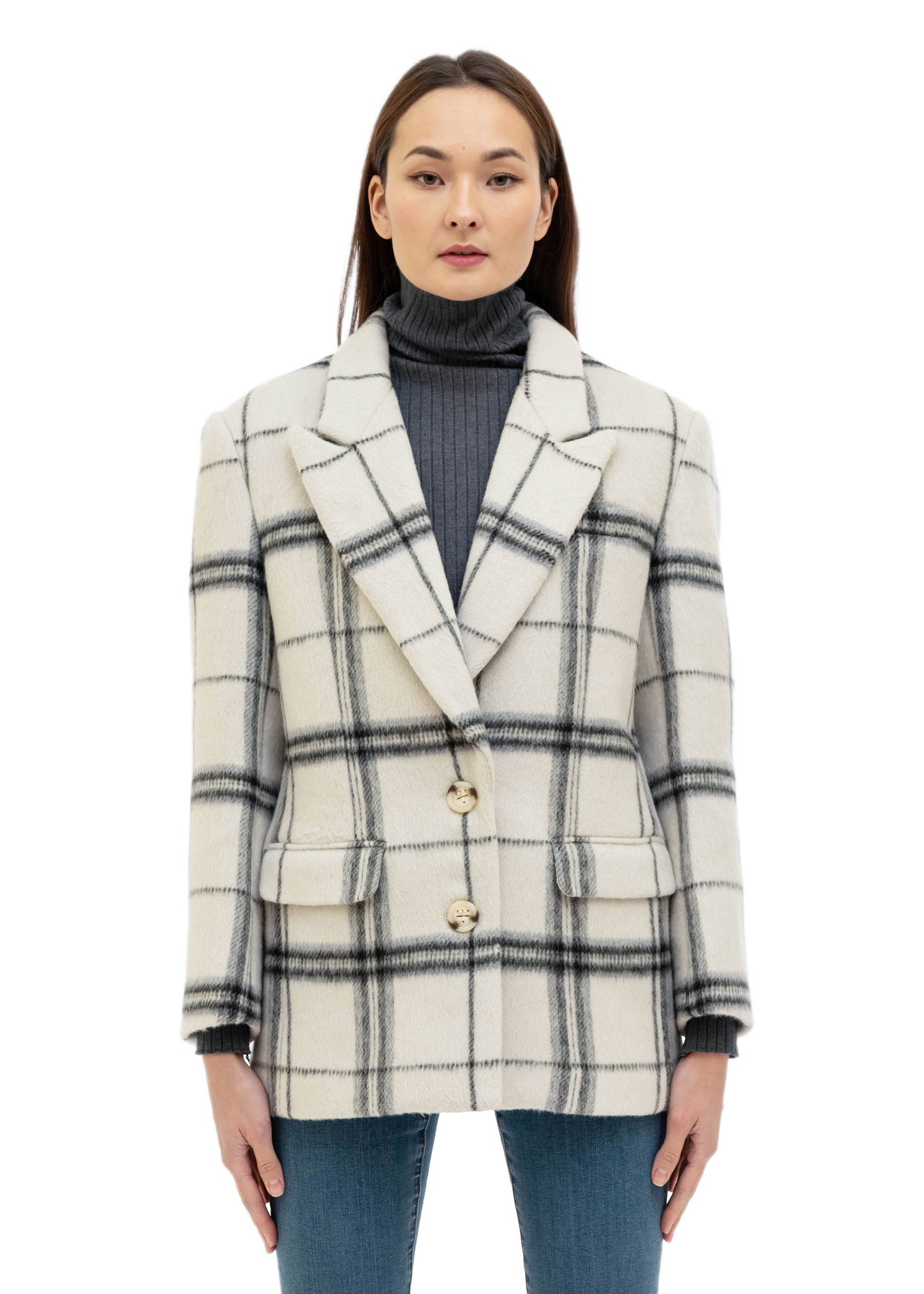 White & Blue Wool Plaid Blazer Coat - 157Moments