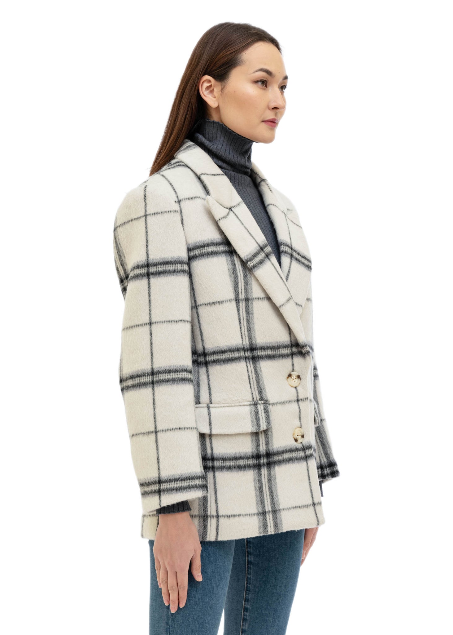 White & Blue Wool Plaid Blazer Coat - 157Moments