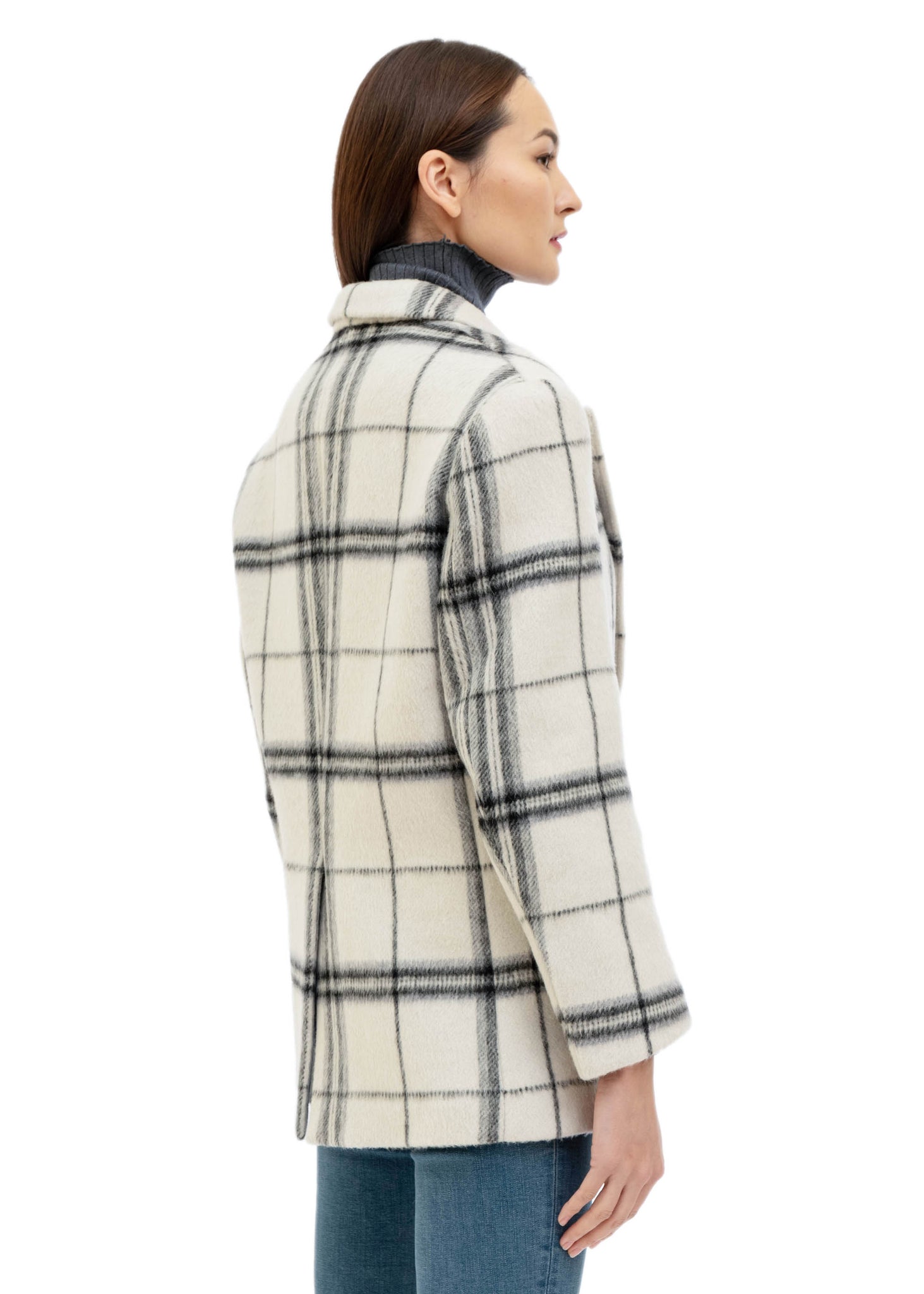 White & Blue Wool Plaid Blazer Coat - 157Moments