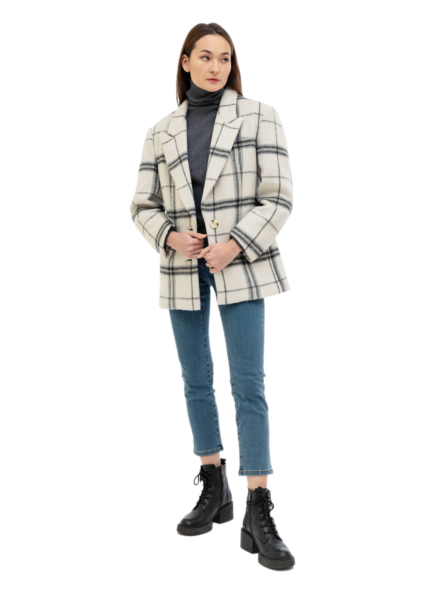 White & Blue Wool Plaid Blazer Coat - 157Moments