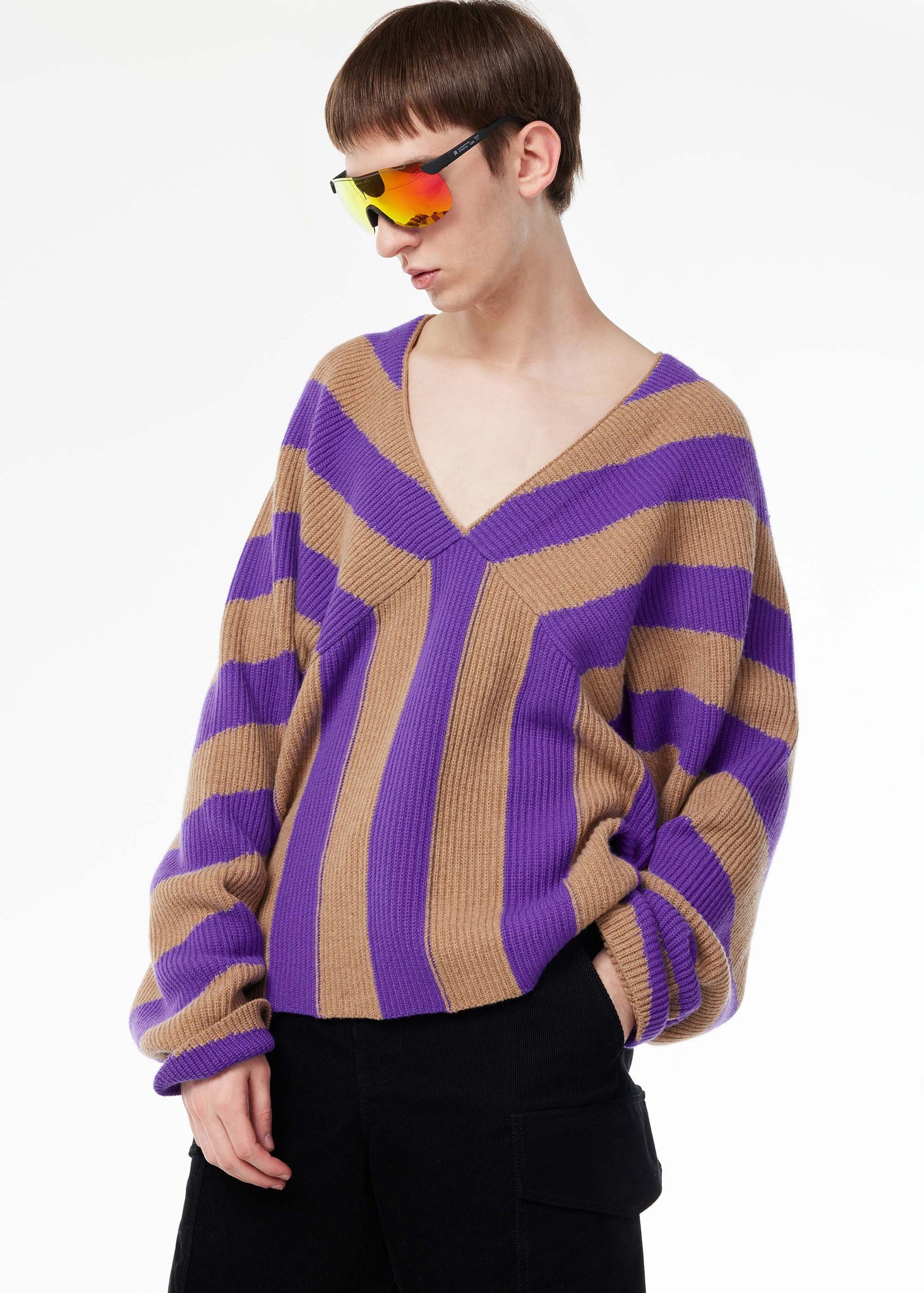 Purple & Beige Long Sleeve Pullover Sweater - 157Moments