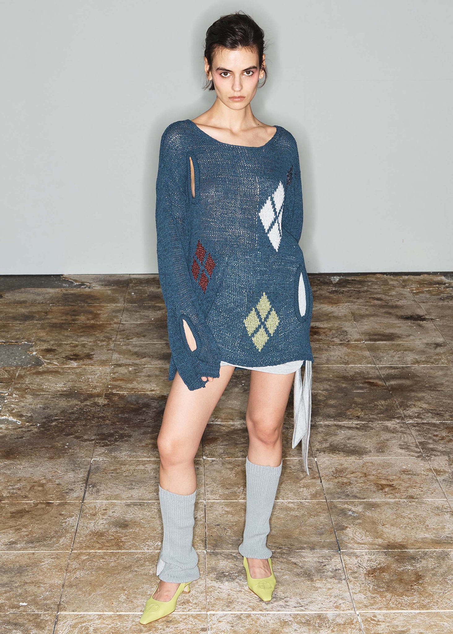 Blue Argyle Cut-Out Knit Pullover - 157Moments